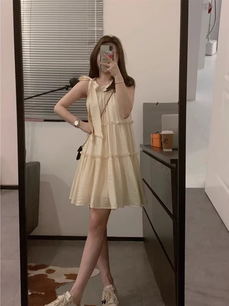 韓系甜辣純欲仙氣蝴蝶結背心連衣裙夏季法式設計感小個子氣質短裙