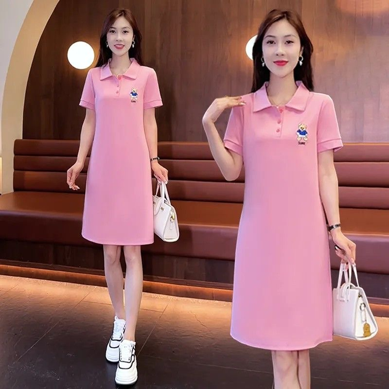 時尚休閒短袖連衣裙女中長款2024夏季新款Polo領氣質寬鬆顯瘦裙子