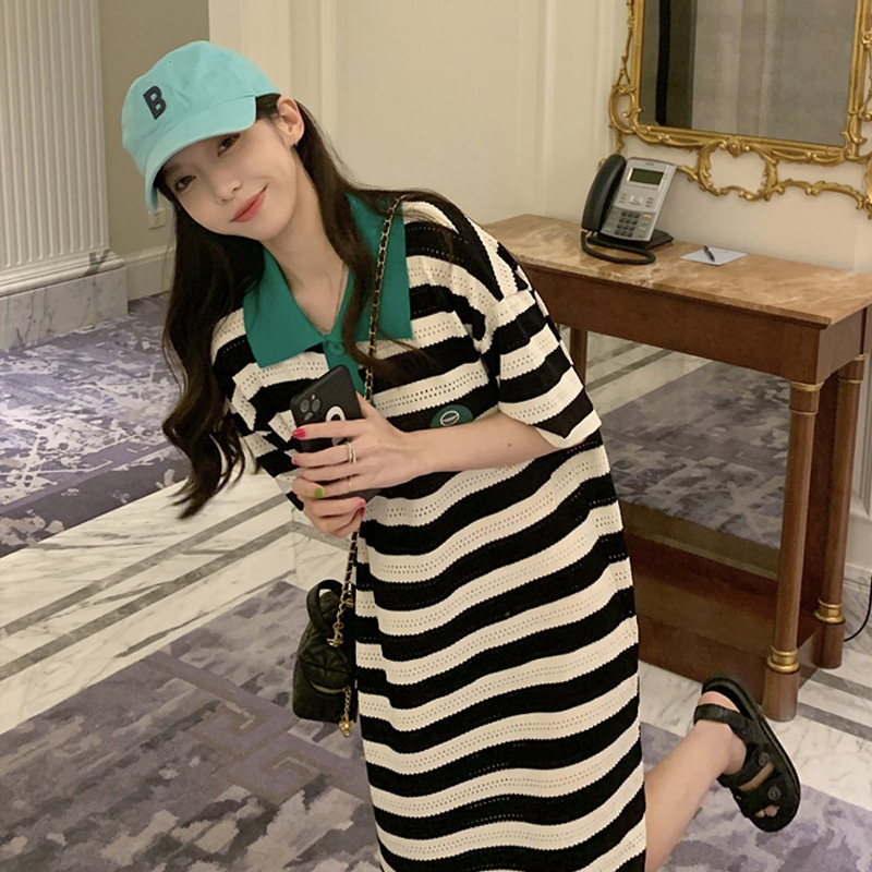 條紋鏤空針織連衣裙女寬鬆顯瘦夏季中長款休閒polo領短袖t恤裙子