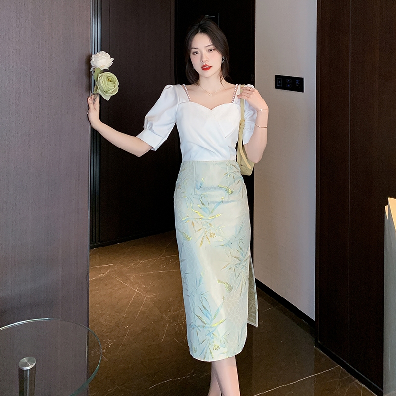 實拍  御姐風白色拼接連衣裙女短袖開叉不對稱連衣裙高級感裙