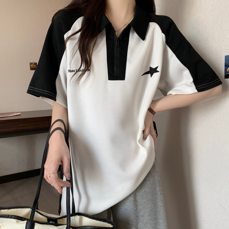 831#實拍6535珠地22%棉 80%塗2024夏裝刺繡短袖T恤女拉鏈