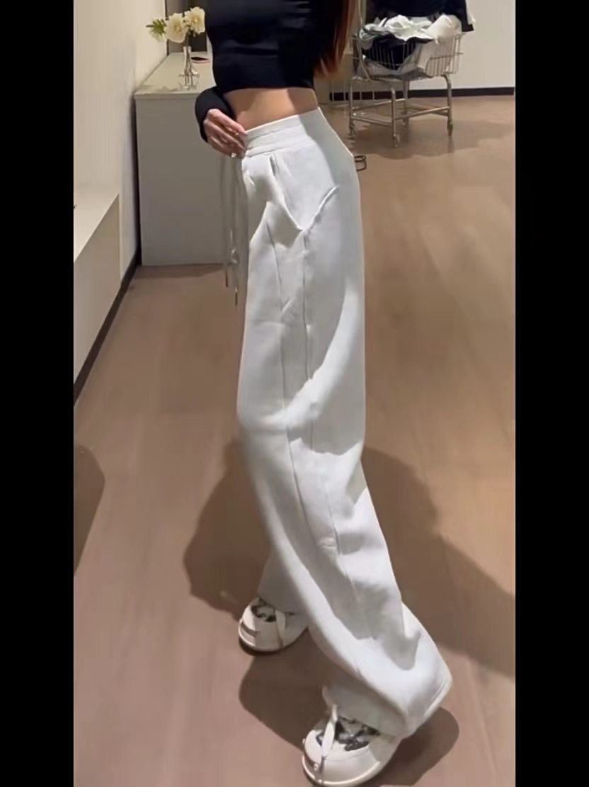 美式白灰色高腰直筒闊腿衛褲女寬鬆新款拖地長褲休閒運動糯米褲子