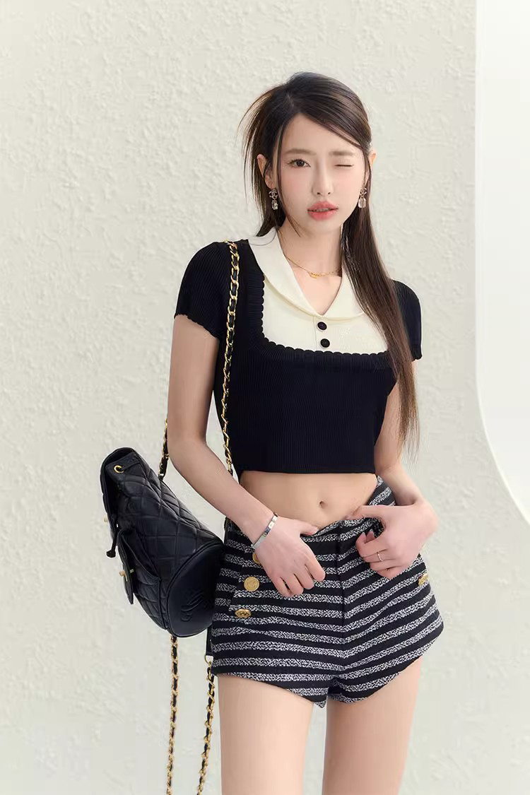 kumikumi法式Polo領撞色針織襯衫女夏季小心機假兩件修身短款上衣