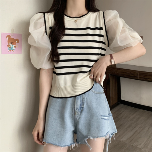 Real shot French fake two-piece knitted sweater spring and summer new style gentle stitching contrasting striped knitted top trendy