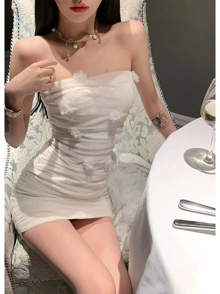 芭比姨白色抹胸連衣裙女初春新款生日party禮裙露肩網紗包臀短裙