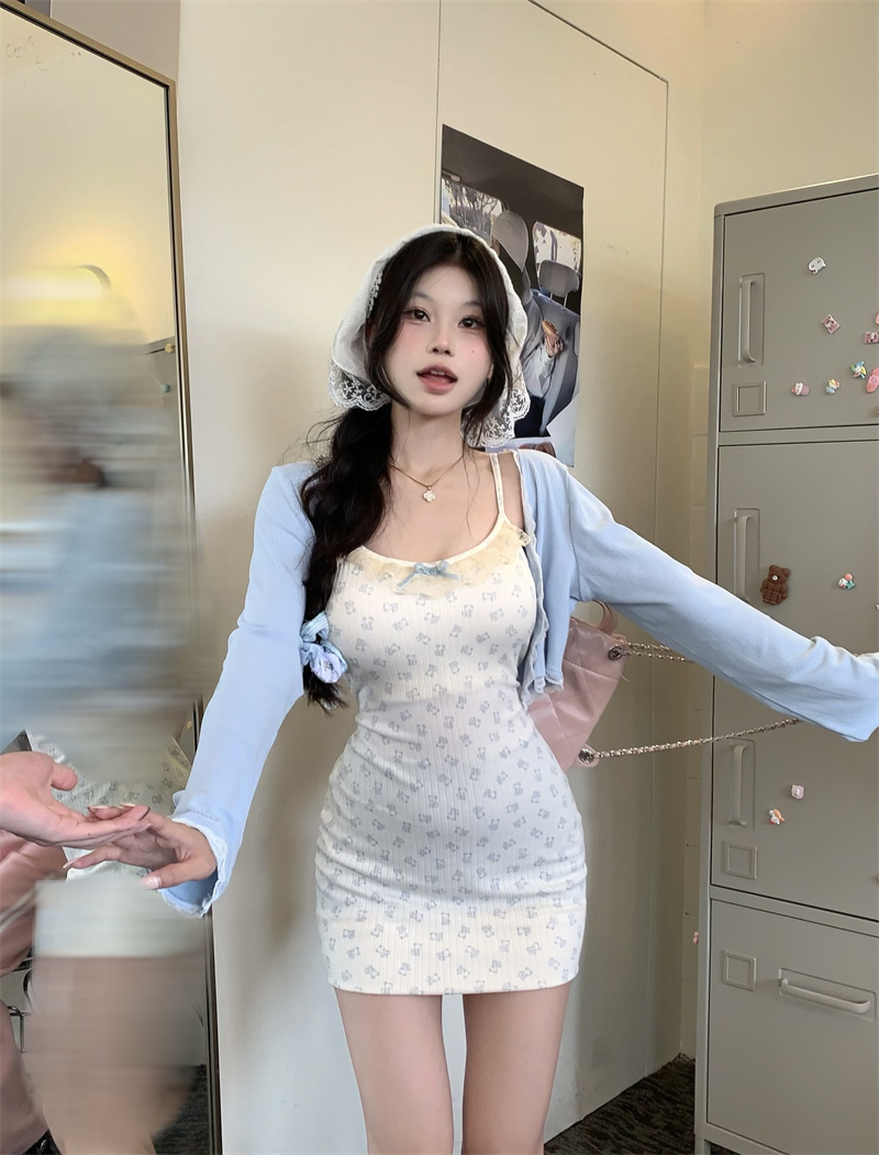 實拍 蕾絲上衣小熊印花連衣裙學院風套裝