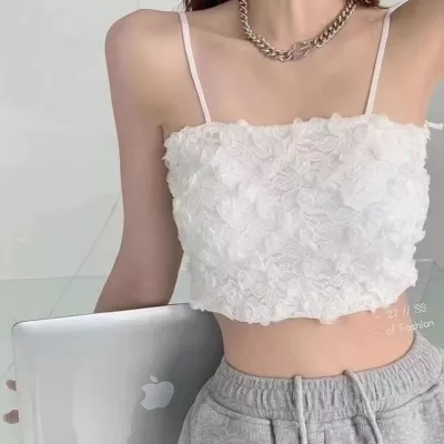 新款小心機立體花朵短款吊帶衫女小眾百搭外穿露臍小背心裹胸
