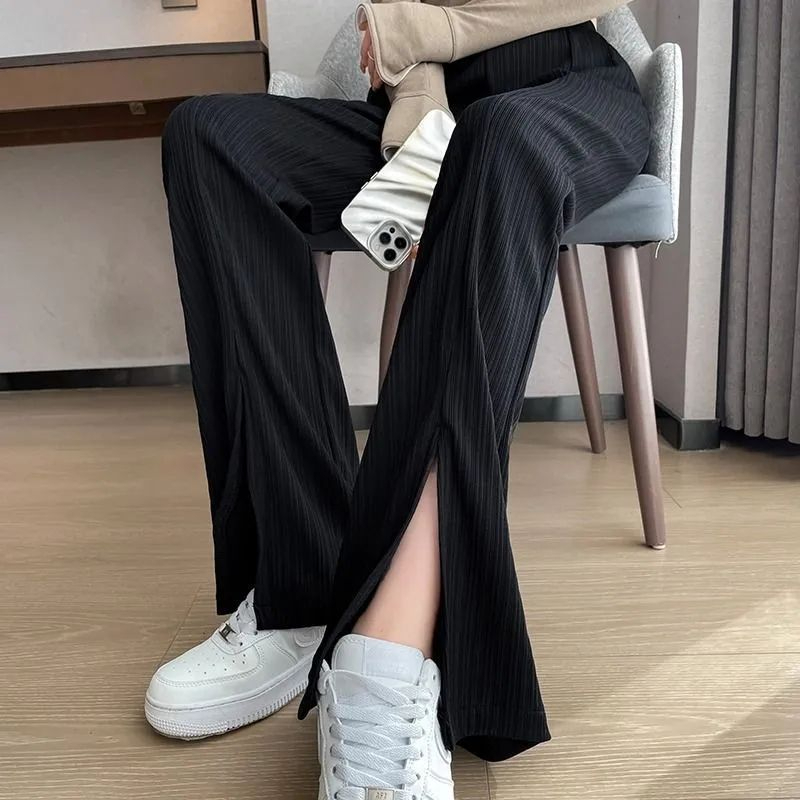 前開叉微喇叭褲女高腰顯瘦夏季薄款大碼小個子冰絲窄版闊腿休閒褲