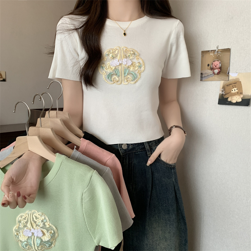 實拍 新中式冰絲盤扣刺繡針織短袖T恤女春夏新款國風小衫上衣