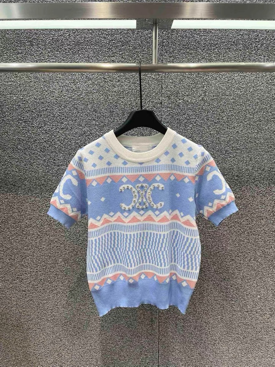 24ss 春夏新款女裝凱旋門減齡氣質字母彩色條紋小眾套頭毛衣短袖