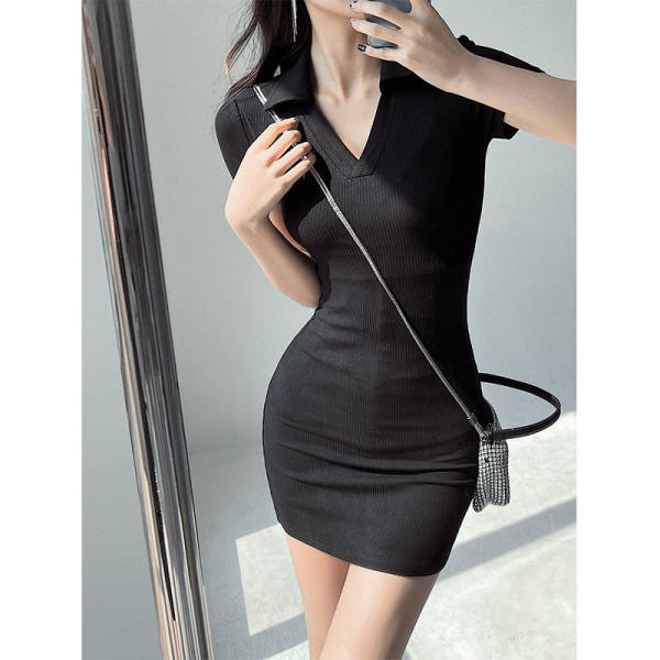 歐美風純色V領短袖連衣裙女夏辣妹性感翻領微胖緊身包臀短裙