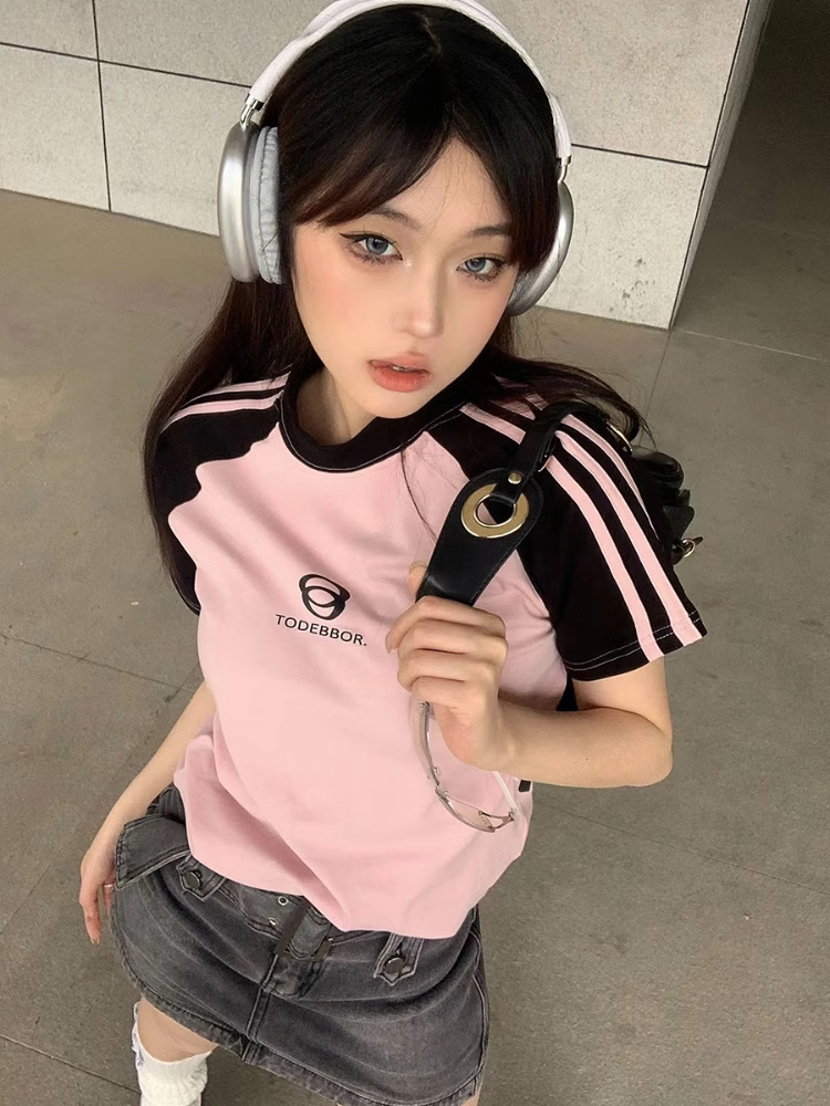2024美式復古辣妹正肩短袖t恤女撞色插肩袖彈力修身顯瘦韓國單