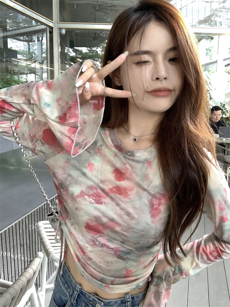 實拍~水墨印花喇叭袖抽繩防曬網紗T恤女修身短款甜辣小衫罩衫