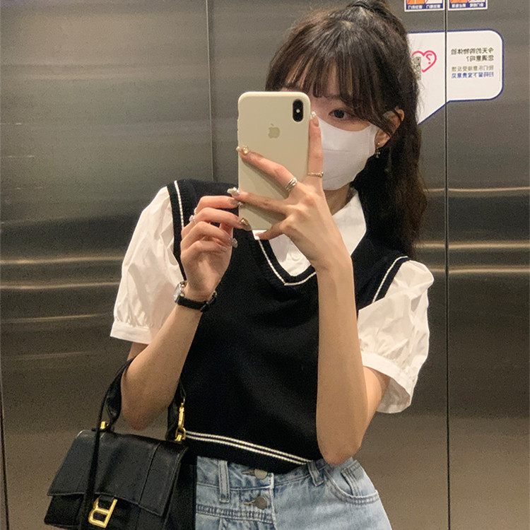 短款針織衫襯衫女夏季新款假兩件polo領正肩上衣oversize