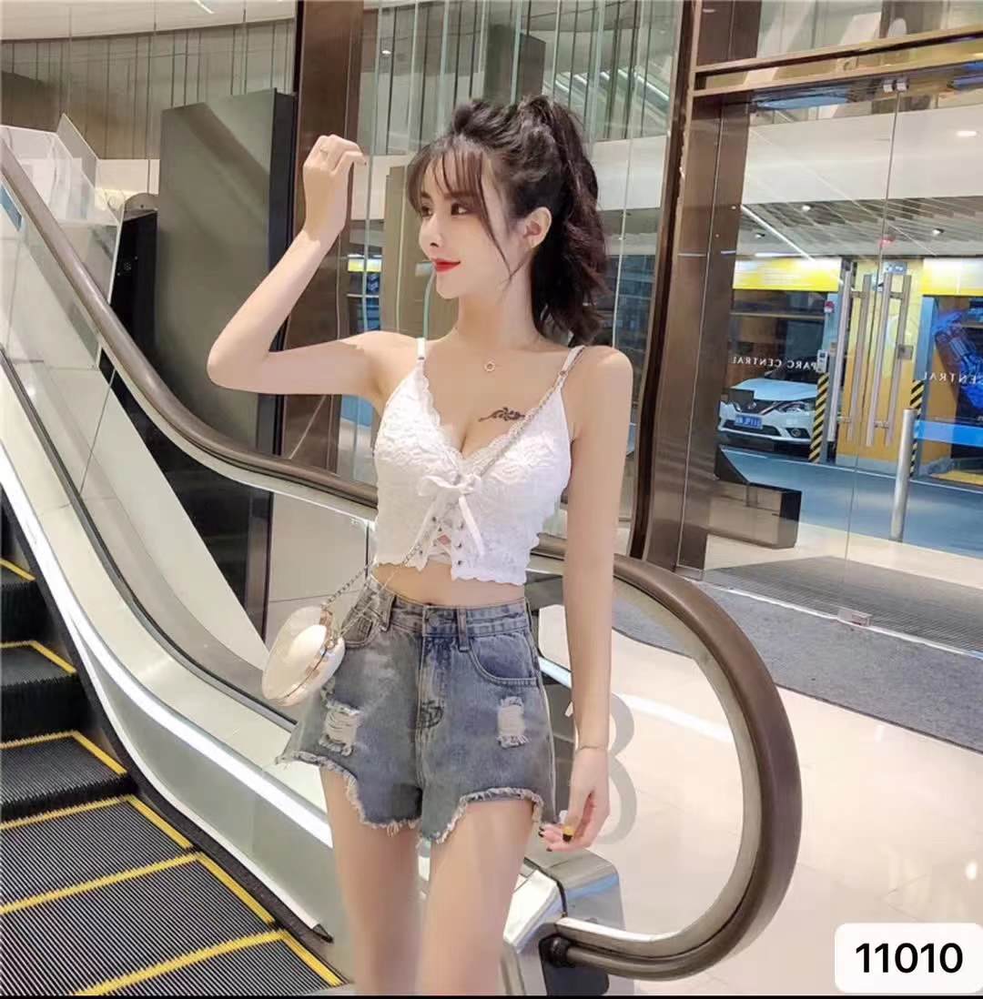 夏季新款少女性感深V領帶胸墊上衣女