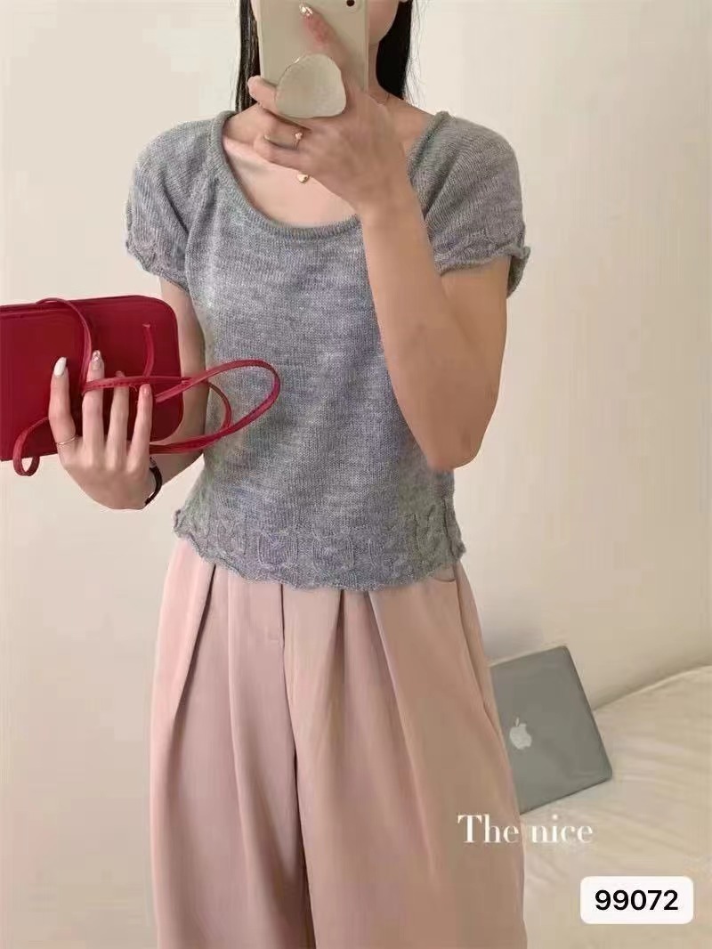 夏季新款法式甜美圓領褶皺邊高腰短袖上衣女