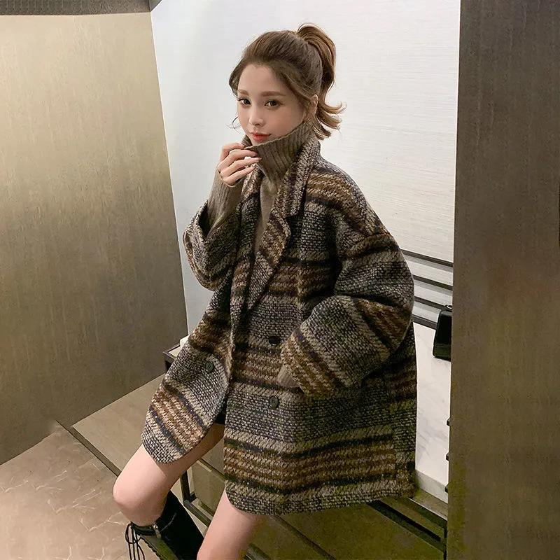格子毛呢外套女中長款2024秋冬新款韓版流行寬鬆呢子大衣西裝外套