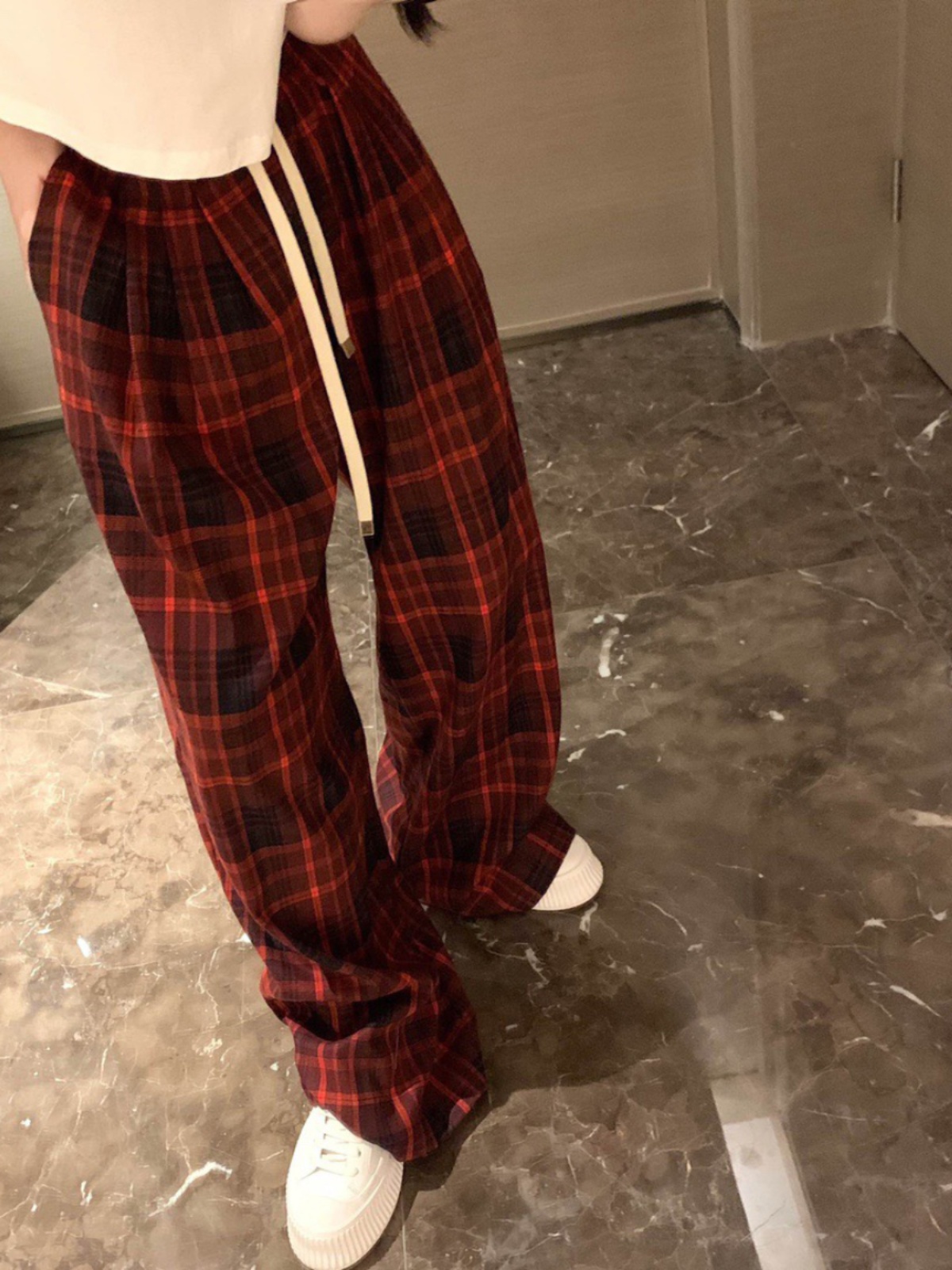 TR格子布港味復古紅色格子褲高腰直筒褲女秋寬鬆闊腿褲