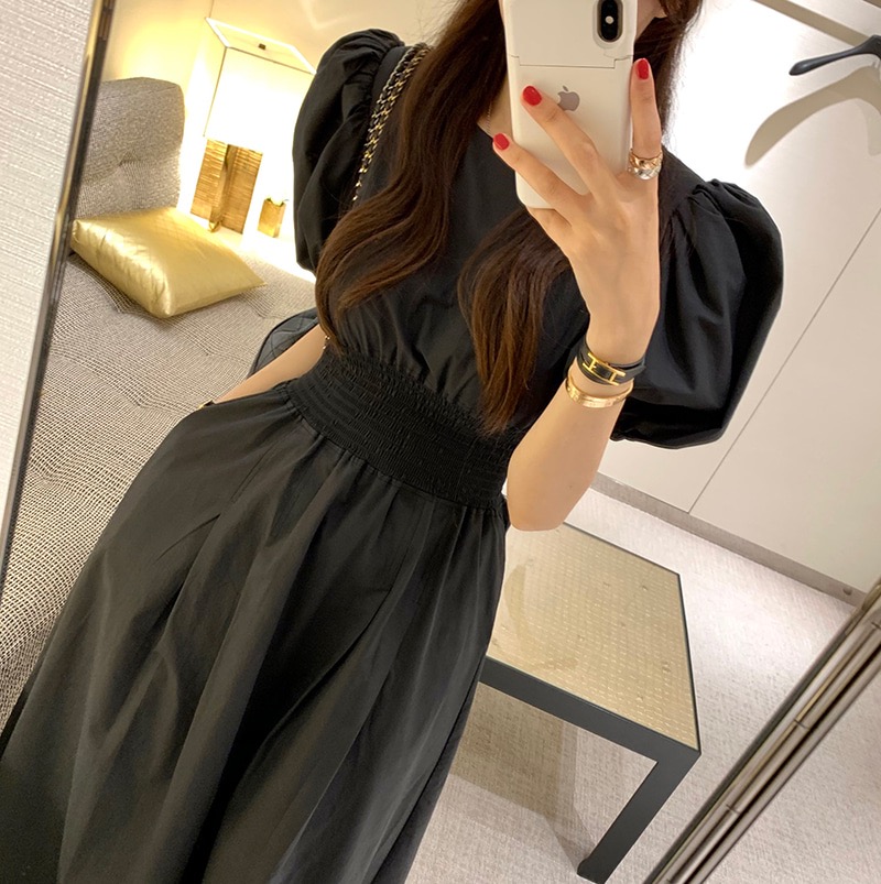 韓國 泡泡袖連衣裙夏新款法式氣質女神收腰超仙輕熟風長裙