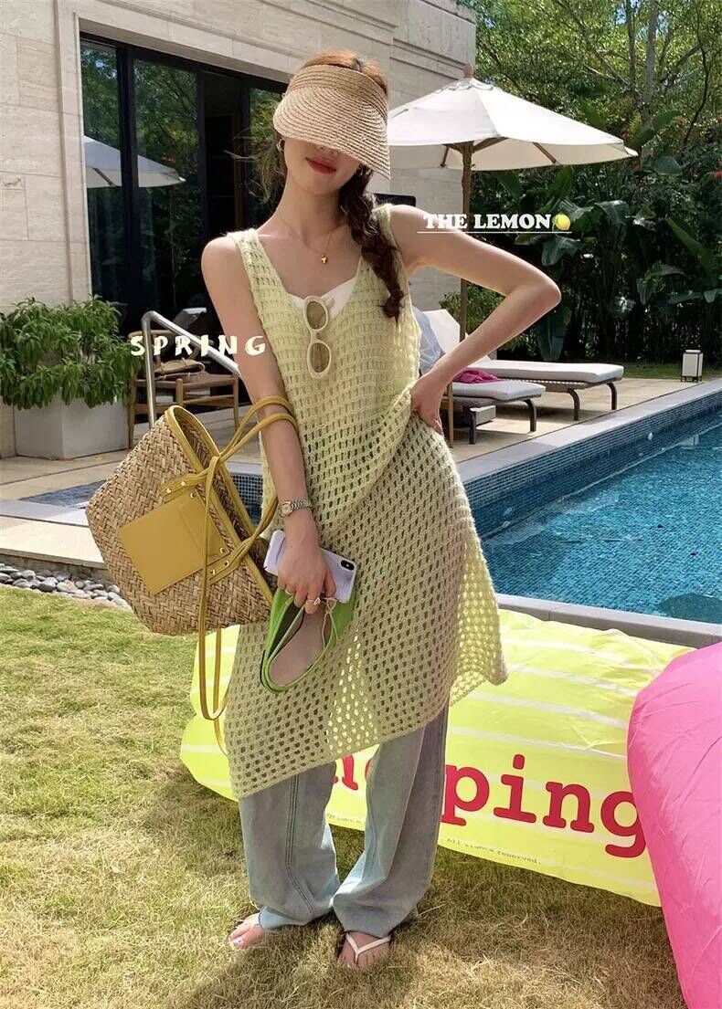 疊穿毛線網格連衣裙女2024年新款寬鬆顯瘦時髦洋氣背心中長裙罩衫