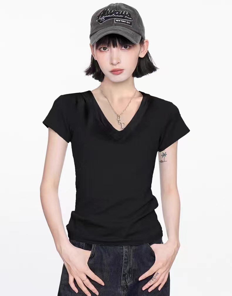 夏季設計感短款打底黑色v領修身短袖t恤女款重磅純棉辣妹正肩上衣