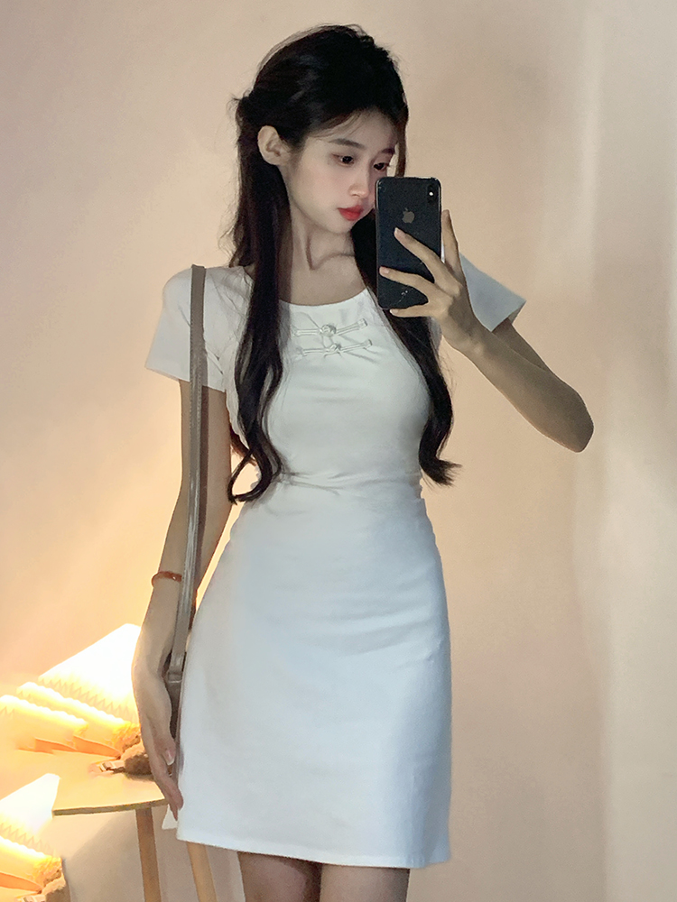 實拍~盤扣圓領純欲風短袖連衣裙修身顯瘦