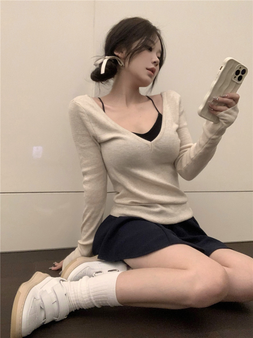 修身辣妹v領長袖內搭上衣打底衫針織衫韓版春夏修身顯瘦上衣