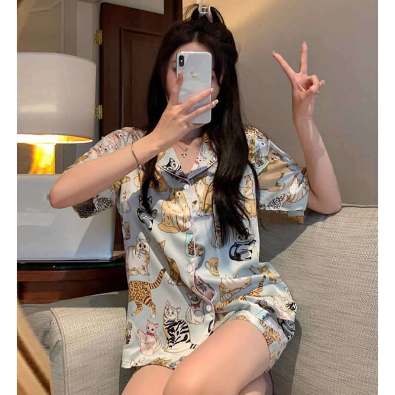 尚優衣品官圖貓咪網紅夏季短袖短褲家居服薄款仿真絲套裝