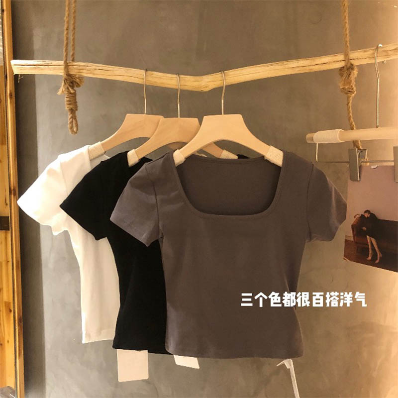 2024夏季新款打底小眾短袖t恤女方領短款高腰辣妹緊身bm甜辣上衣