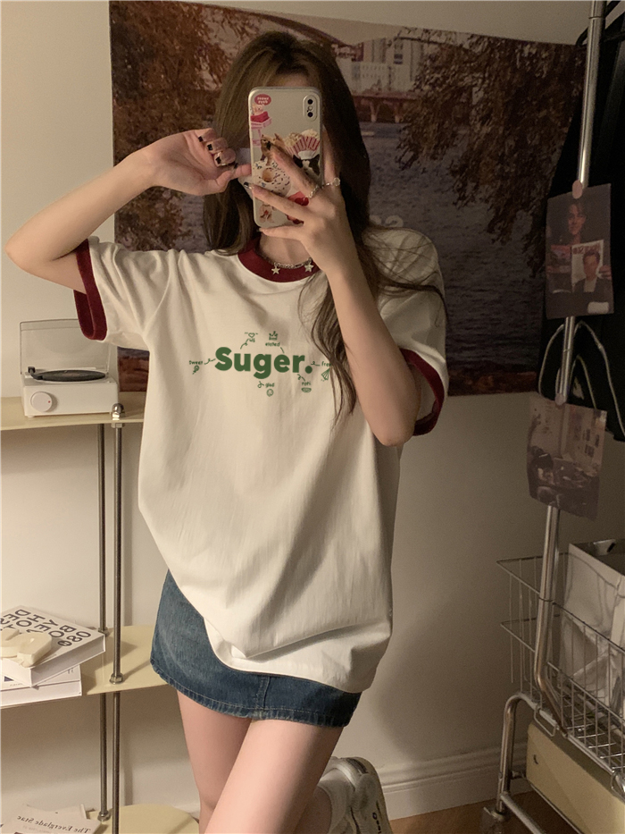 實拍純棉後包領 夏季新款韓版寬鬆休閒上衣拼色圓領短袖t恤女