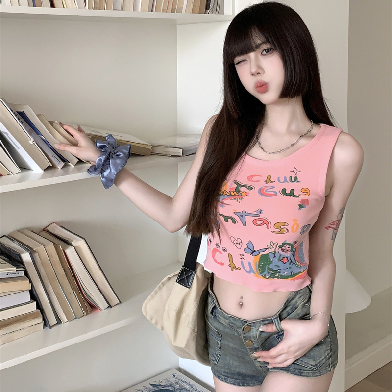 多巴胺穿搭純欲甜辣妹塗鴉印花吊帶背心女夏外穿性感抹胸短款上衣