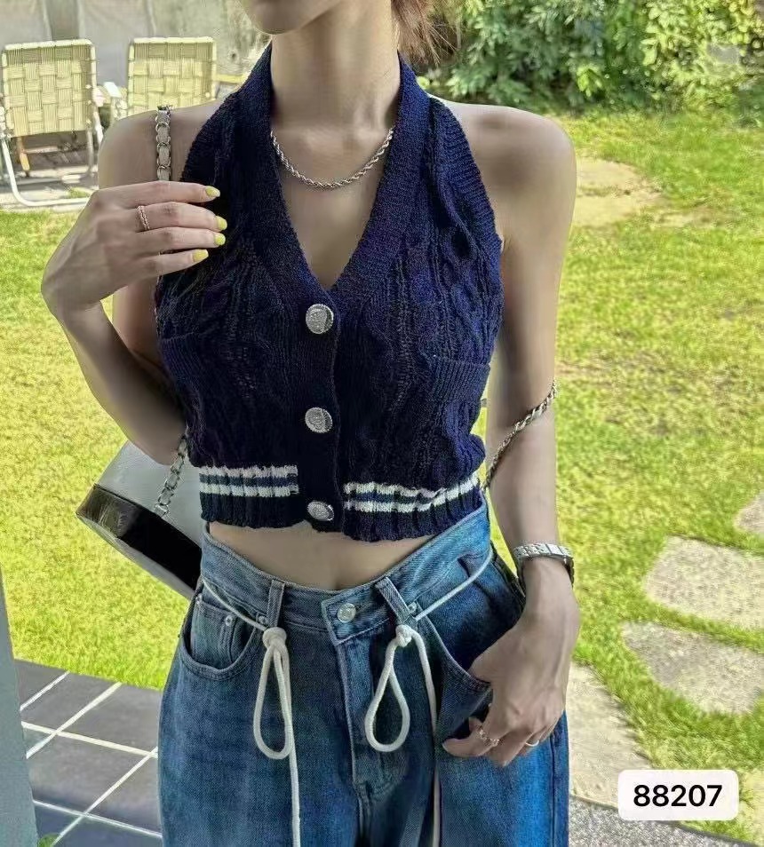 2024夏季新款性感辣妹V領掛脖高腰吊帶