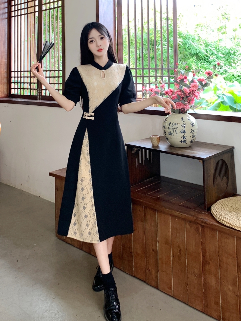 大碼女裝新中式國風撞色旗袍裙子夏季高級感設計款中長連衣裙