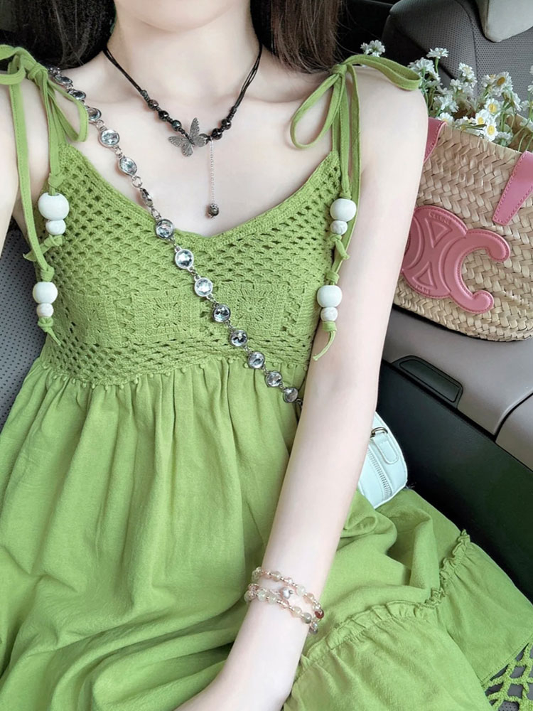 夏季牛油果綠色流蘇無袖吊帶連衣裙女夏娃娃裙子多巴胺短裙