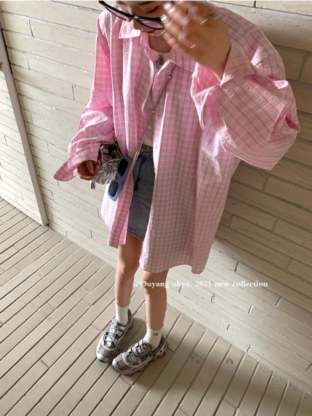 區區歐陽summer懶懶衫條紋襯衫女夏季設計感小眾長袖防曬襯衣