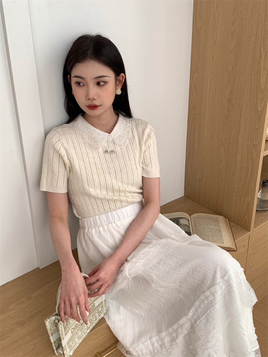 夏季少女感重工翻領鏤空修身顯瘦短袖小衫百搭氣質針織衫