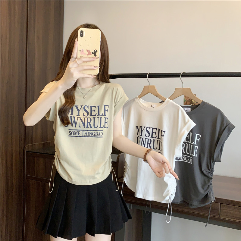 實拍#夏裝新款韓版寬鬆圓領兩側抽繩設計字母印花休閒百搭短袖T恤