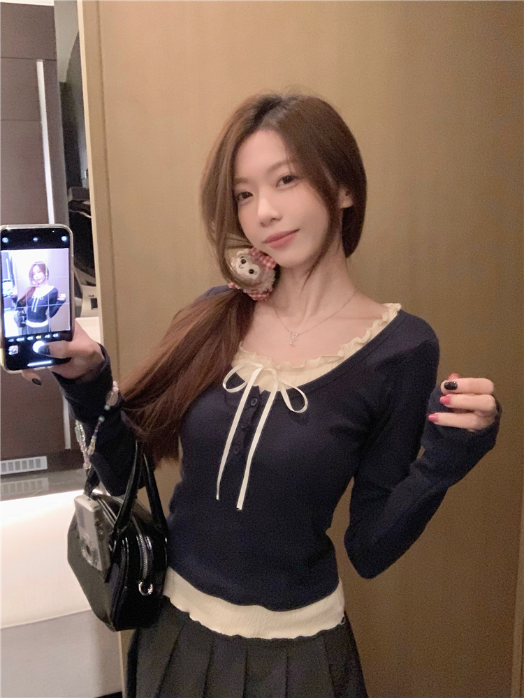 實拍~系帶木耳邊圓領修身顯瘦假兩件T恤長袖
