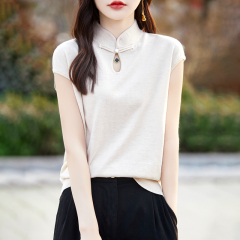 New Chinese Style Women's 2024 Spring Collection Lightweight National Style Nipple-Up Top Spring Sleeveless Versatile Backless Bodysuit for Women Short-Sleeve Base Shirt