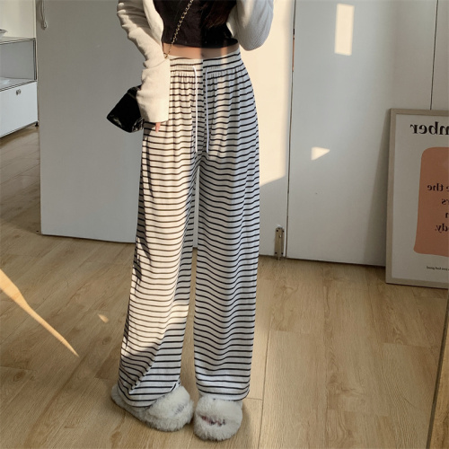 Actual shot of black and white striped drawstring casual pants for spring and summer floor-length straight trousers with loose high waist and wide legs