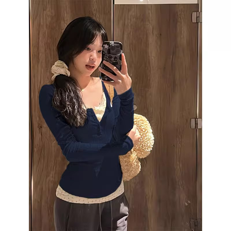 bm風純欲蕾絲碎花假兩件長袖t恤女春秋冬內搭打底衫緊身收腰上衣