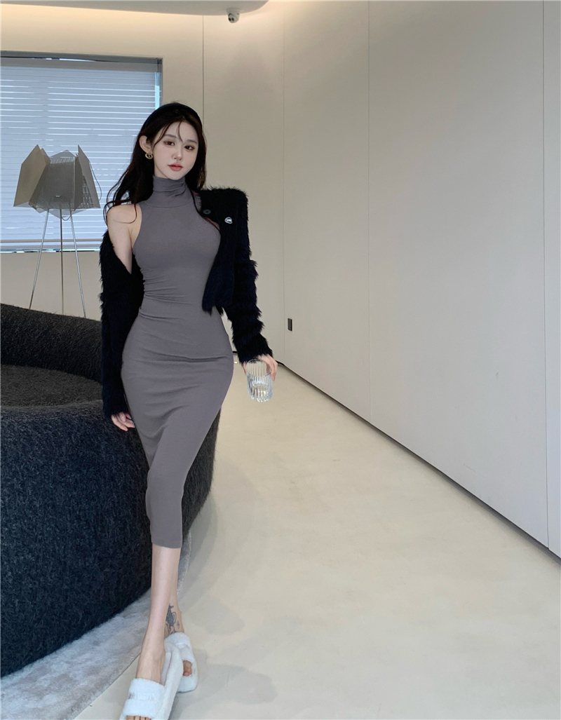 歐美辣妹風高領緊身顯瘦無袖包臀打底背心連衣裙女御姐范氣質長裙