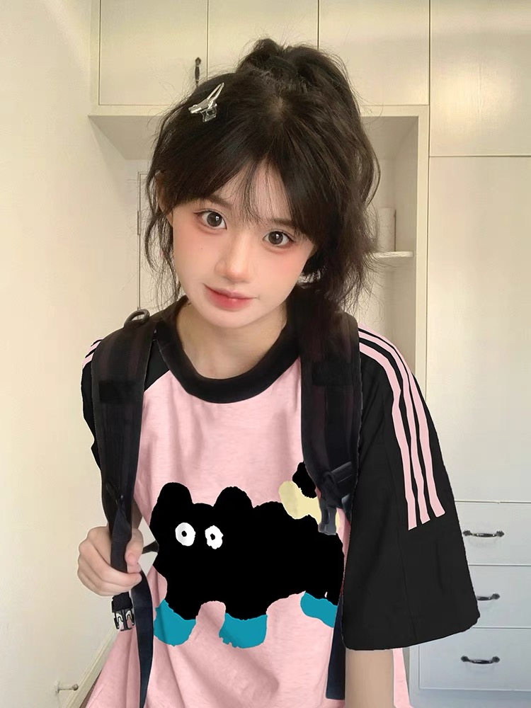 夏季寬鬆印花撞色拼接插肩拉條短袖T恤女 純棉精梳緊密