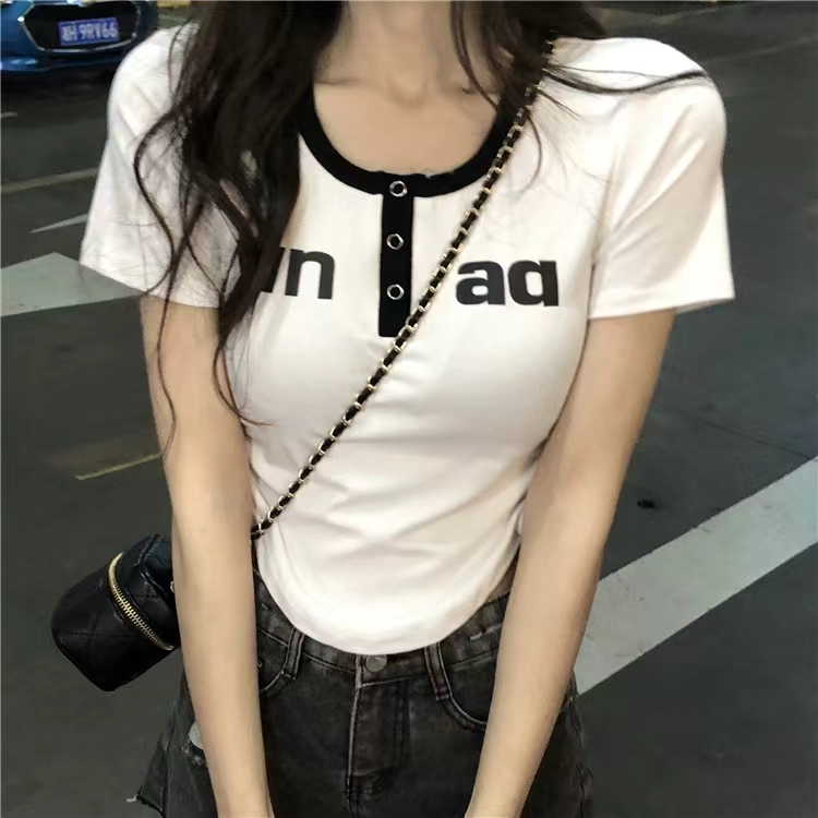 設計感夏季新款T恤女不規則抽繩短袖純欲辣妹修身短款正肩上衣潮