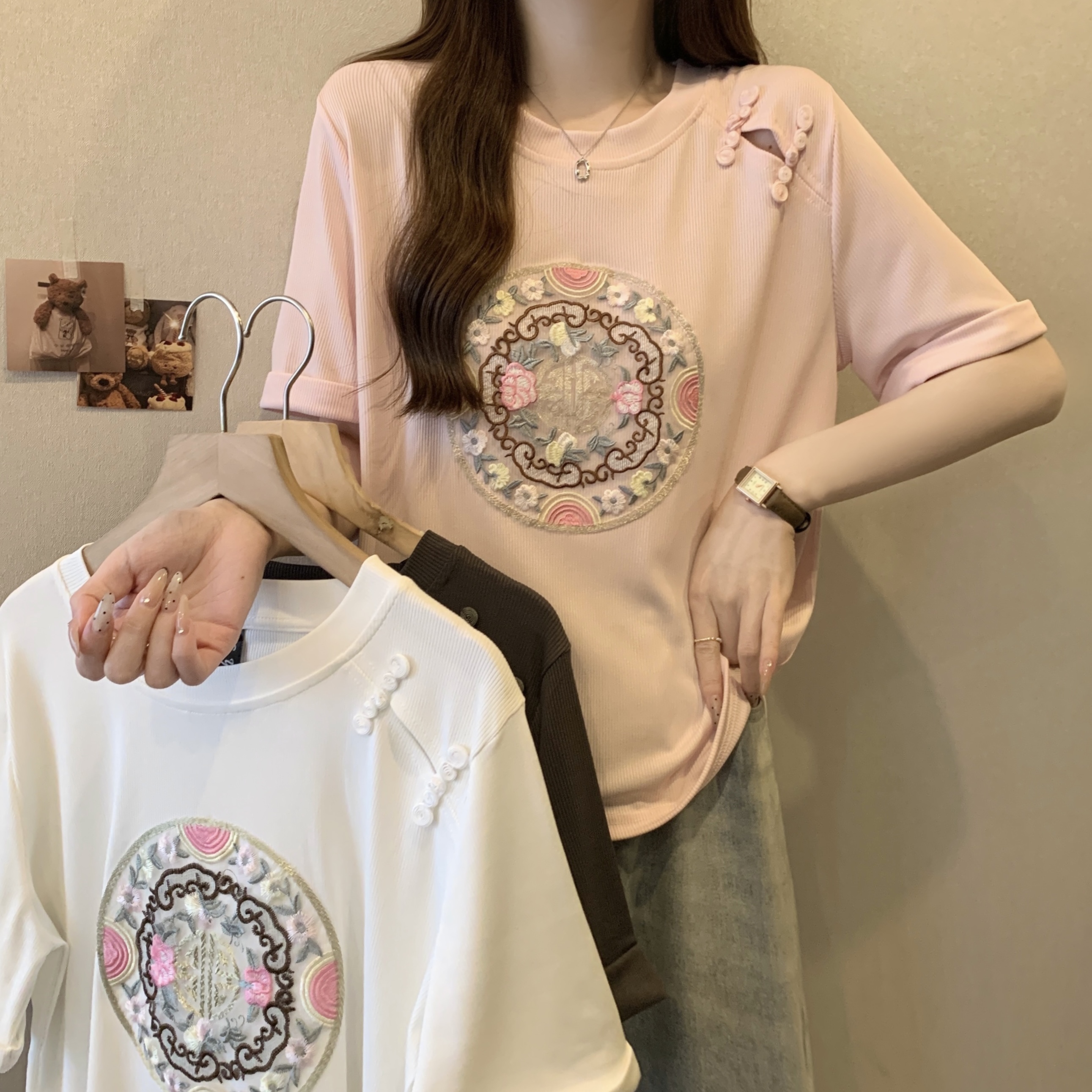 實拍大碼女裝春夏新款國風民族風刺繡盤扣短袖T恤女氣質內搭上衣