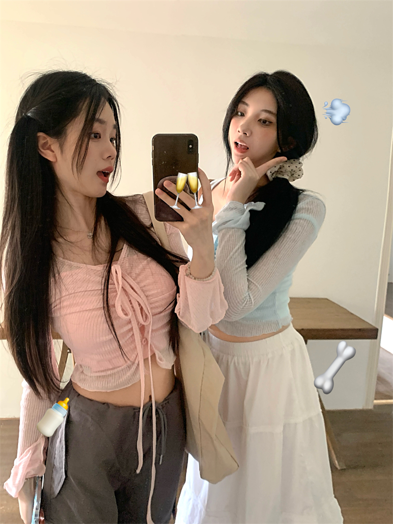 實拍  甜美網紗喇叭袖針織兩件套女設計感系帶修身上衣