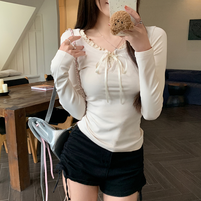實拍1*1純棉螺紋長袖t恤女裝潮春秋薄修身優雅網紗打底衫圓領上衣