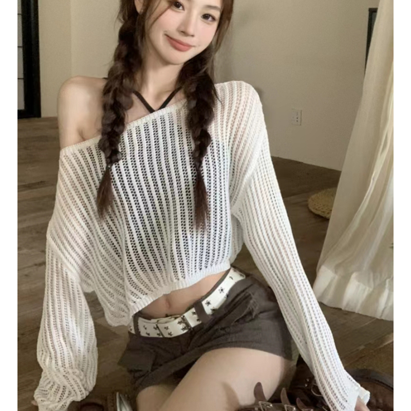 寬鬆薄款鏤空冰絲針織防曬衫女夏季辣妹短款外搭罩衫t恤長袖上衣