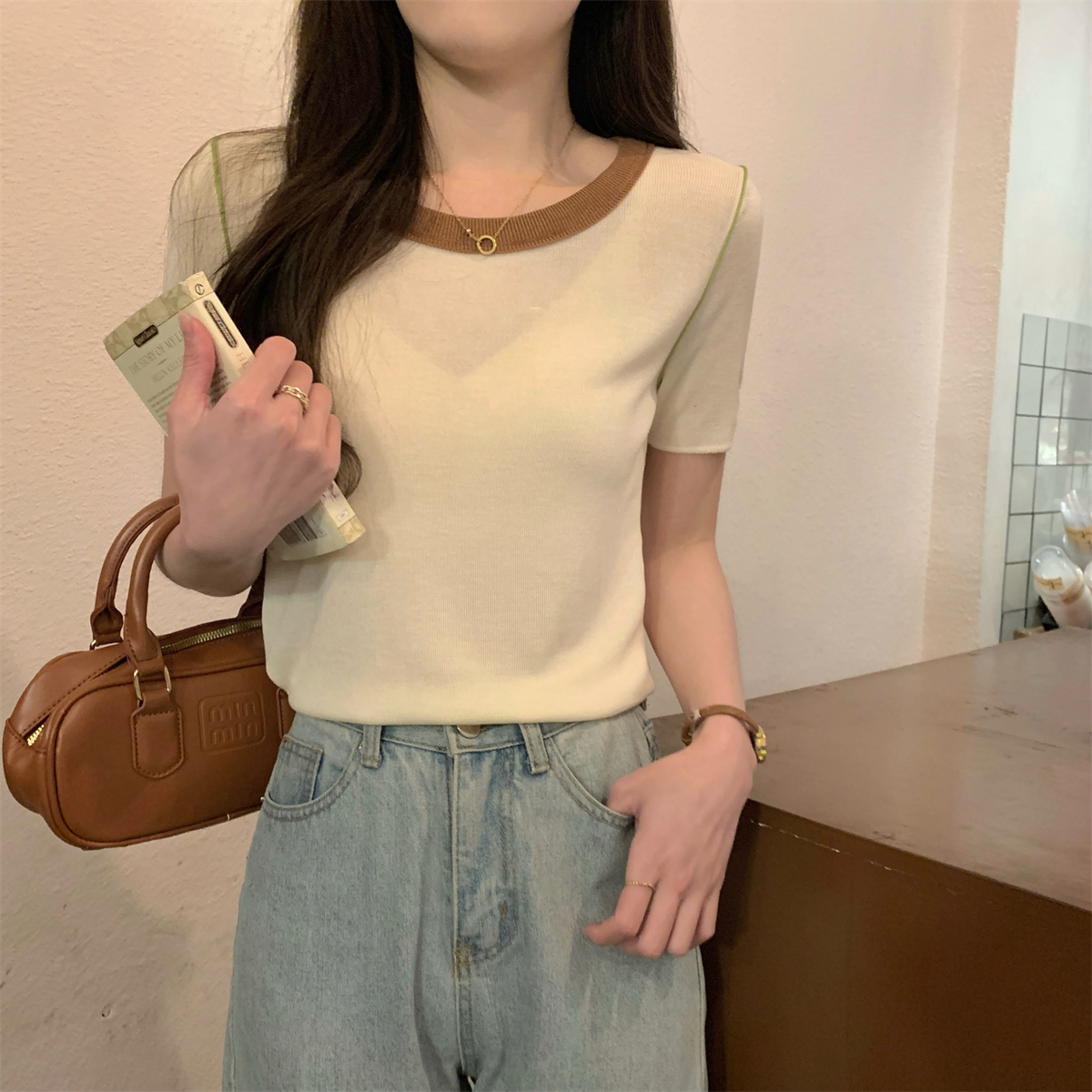 實拍 夏季韓版寬鬆撞色6羊毛氣質高級感薄款針織短袖上衣女