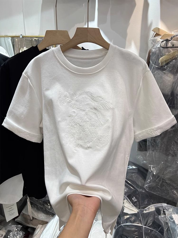 韓版網紅同款2024春季新款圓領刺繡暗紋圖案卷邊袖寬鬆加厚t恤衫